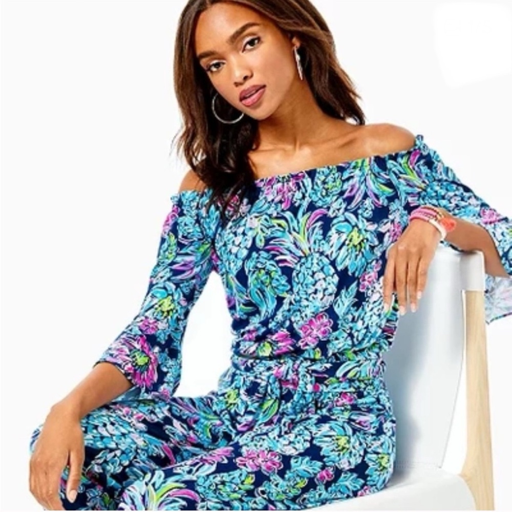 Lilly Pulitzer Navy Floral Off-Shoulder Jumpsuit